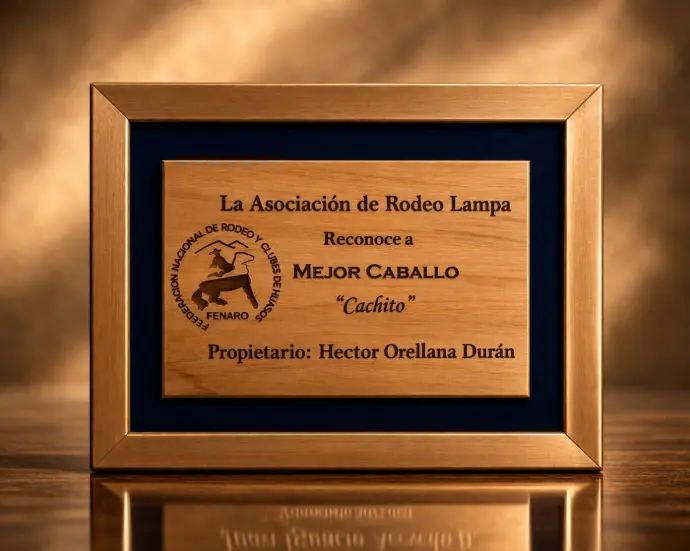 galvano en madera Rauli con tela terciopelo con una placa de rauli grabada laser