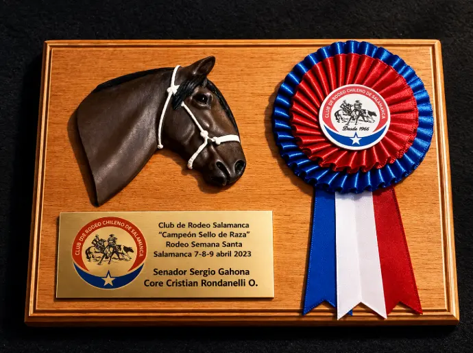 Galvano de Rodeo con cabeza de caballo y escarapela personalizado
